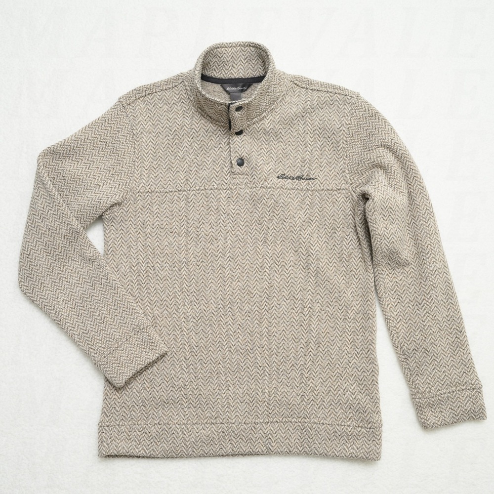 Eddie Bauer Radiator 1/4 Snap Fleece Pullover Small Beige Gray Herringbone